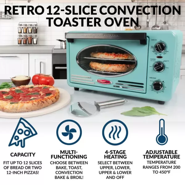 Nostalgia Retro 1500 W Aqua 12-Slice Convection Toaster Oven with Built-in Timer