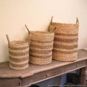Zentique Cylindrical Handmade Woven Wicker Seagrass Palm Leaf Wire Large Basket with Stripes and Handles
