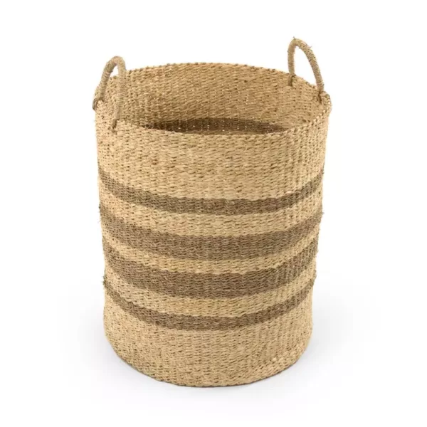 Zentique Cylindrical Handmade Woven Wicker Seagrass Palm Leaf Wire Large Basket with Stripes and Handles
