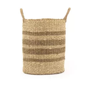 Zentique Cylindrical Handmade Woven Wicker Seasgrass Palm Leaf Wire Medium Basket with Stripes and Handles