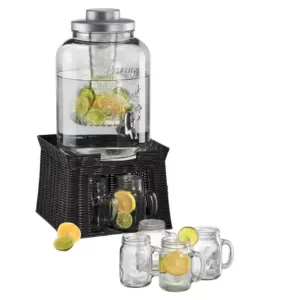 Artland 3 Gal. Masonware Chill and Flavor Beverage Dispenser with Faux Wicker Stand and 6-Mason Jar Mugs with Handles
