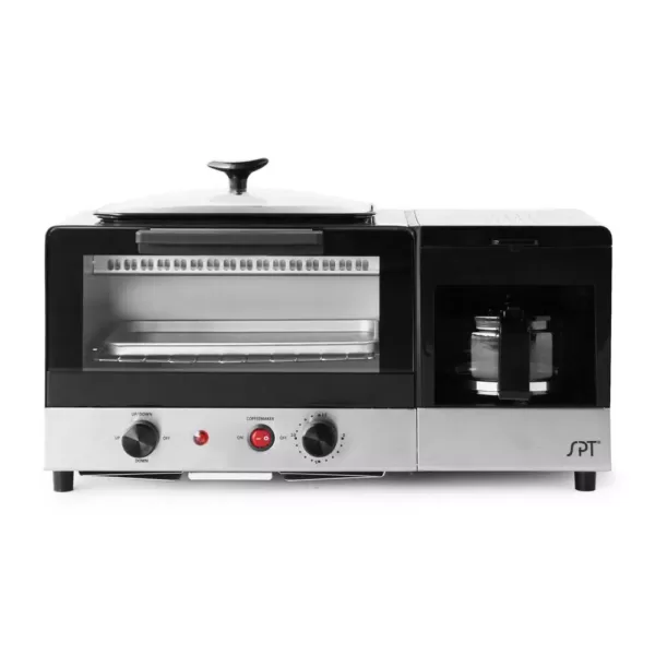 SPT Breakfast Center 1450 W 2-Slice Black and Stainless Steel Toaster Oven with Griddle and Coffee Maker