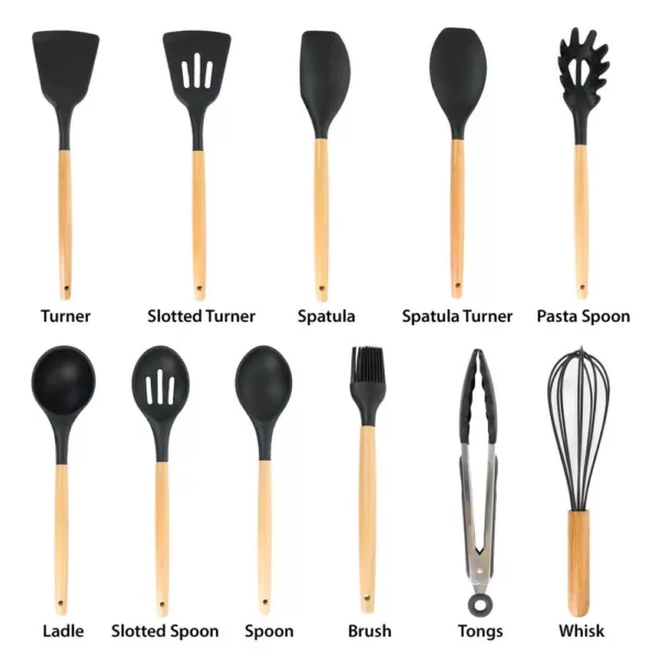MegaChef Black Silicone and Wood Cooking Utensils (Set of 12)