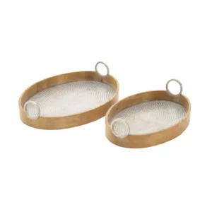 LITTON LANE Rustic Wood and Aluminum Oval Trays (Set of 2)