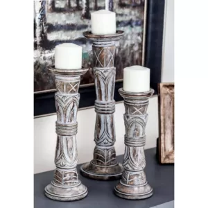 LITTON LANE Rustic Brown Carved Mango Wood Candle Holder (Set of 3)