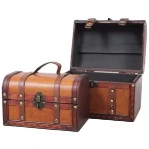 Vintiquewise 9.8 in. x 7 in. x 7 in. Wood Faux Leather Decorative Faux Leather Treasure Boxes, Set of 2 Sizes