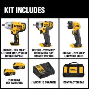 DEWALT 20-Volt MAX Cordless Impact Wrench, Impact Driver & Light Combo Kit (3-Tool) with (2) 20-Volt 4.0Ah Batteries & Charger