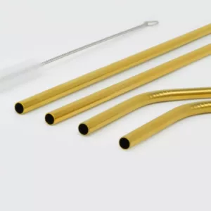 ExcelSteel 10 Pc Reusable Gold Color Straw Set W/ Cleaning Brushes