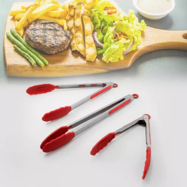 ExcelSteel 12 in. Stainless Steel Red Silicone Tongs W/ Stay Cool Handle(Set of 2)