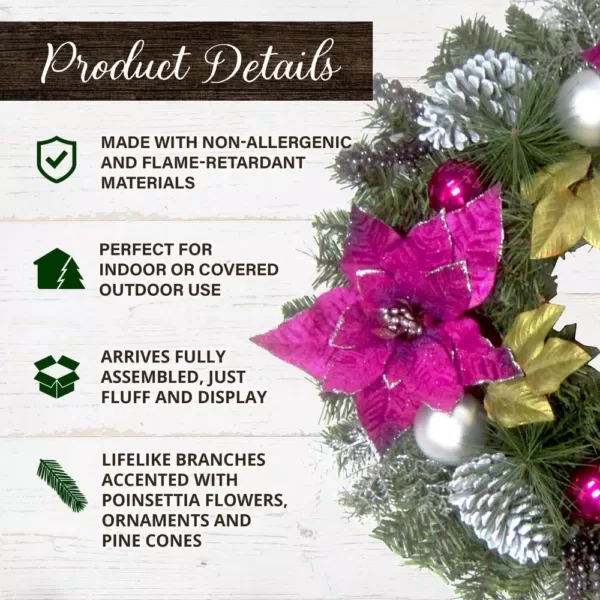 Fraser Hill Farm 24 in. Artificial Christmas Wreath with Faux Poinsettia Blooms, Ornaments, and Pinecones
