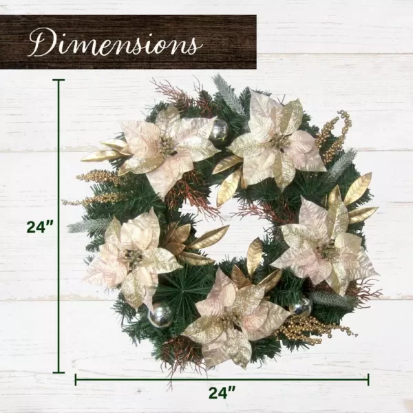 Fraser Hill Farm 24 in. Artificial Christmas Wreath with Poinsettias, Ornaments and Gold Berries
