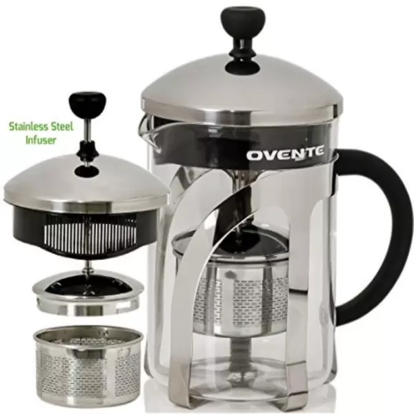 Ovente 3.3-Cup 27 oz. Stainless Steel and Heat Tempered Borosilicate Tea Maker Retractable with Infuser