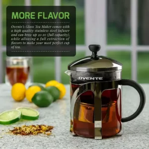 Ovente 3.3-Cup 27 oz. Stainless Steel and Heat Tempered Borosilicate Tea Maker Retractable with Infuser