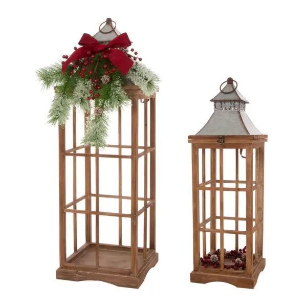 Glitzhome Brown Christmas Farmhouse Wood/Metal Lanterns (Set of 2)