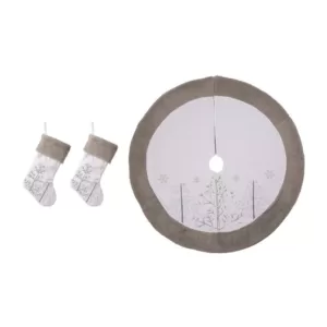 Glitzhome 48 in. Tree Skirt and 21 in. H Stocking (Set of 3 White Fleece Christmas Decorations)
