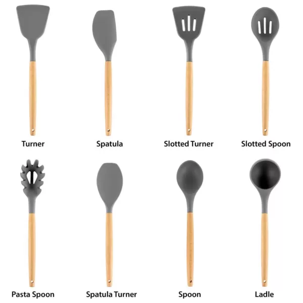 MegaChef Gray Silicone and Wood Cooking Utensils (Set of 9)