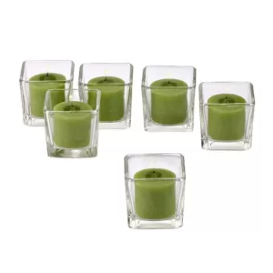 Light In The Dark Clear Glass Square Votive Candle Holders with Lime Green Votive Candles (Set of 12)