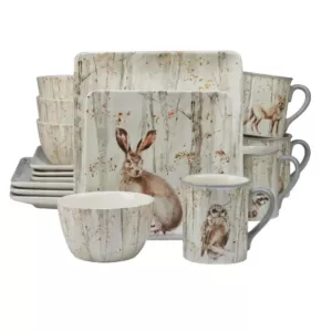 Certified International A Woodland Walk 16-Piece Country/Cottage Grey and Sepia Ceramic Dinnerware Set (Service for 4)