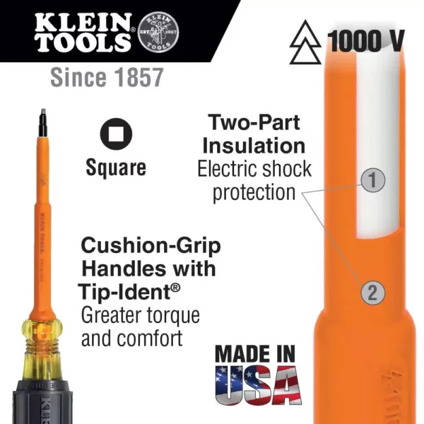 Klein Tools #2 Insulated Square-Recess Tip Screwdriver with 4 in. Round Shank and Cushion Grip Handle