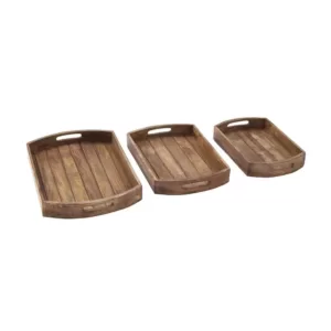 LITTON LANE Mahogany Brown Slat Wood Trays (Set of 3)