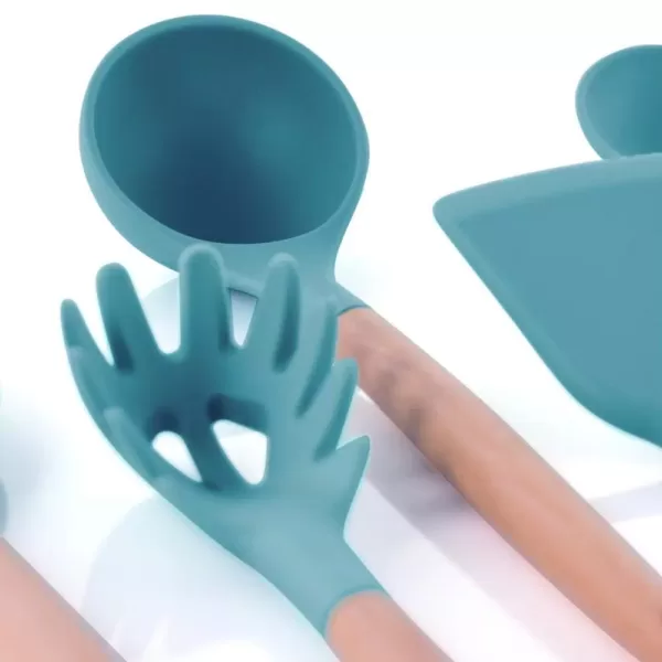 MegaChef Light Teal Silicone and Wood Cooking Utensils (Set of 9)