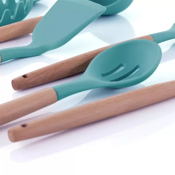 MegaChef Light Teal Silicone and Wood Cooking Utensils (Set of 9)