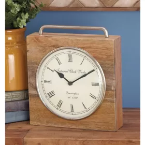 LITTON LANE 11 in. x 10 in. Rustic Wood and Iron Brown Square Table Clock