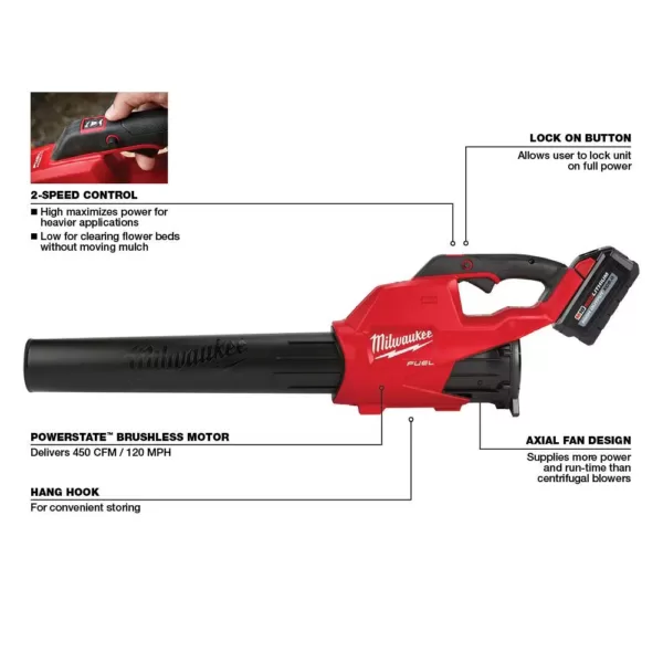 Milwaukee M18 FUEL 120 MPH 450 CFM 18-Volt Lithium-Ion Brushless Cordless Handheld Blower Kit with 8.0 Ah Battery, Rapid Charger