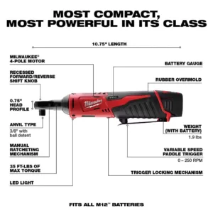 Milwaukee M12 12-Volt Lithium-Ion Cordless 3/8 in. and 1/4 in. Ratchet Kit (2-Tool) with Battery, Charger and Bag