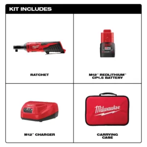 Milwaukee M12 12-Volt Lithium-Ion Cordless 3/8 in. Ratchet Kit with One 1.5 Ah Battery, Charger and Tool Bag