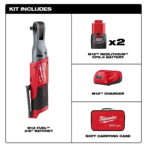Milwaukee M12 FUEL 12-Volt Lithium-Ion Brushless Cordless 3/8 in. Ratchet Kit with (2) 2.0Ah Batteries, Charger & Tool Bag