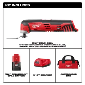 Milwaukee M12 12-Volt Lithium-Ion Cordless Oscillating Multi-Tool Kit with One 1.5 Ah Battery, Accessories, Charger and Tool Bag