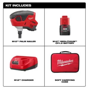 Milwaukee M12 12-Volt Lithium-Ion Cordless Palm Nailer Kit with (1) 1.5Ah Battery, Charger and Tool Bag