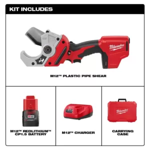 Milwaukee M12 12-Volt Lithium-Ion Cordless PVC Shear Kit with One 1.5 Ah Battery, Charger and Hard Case