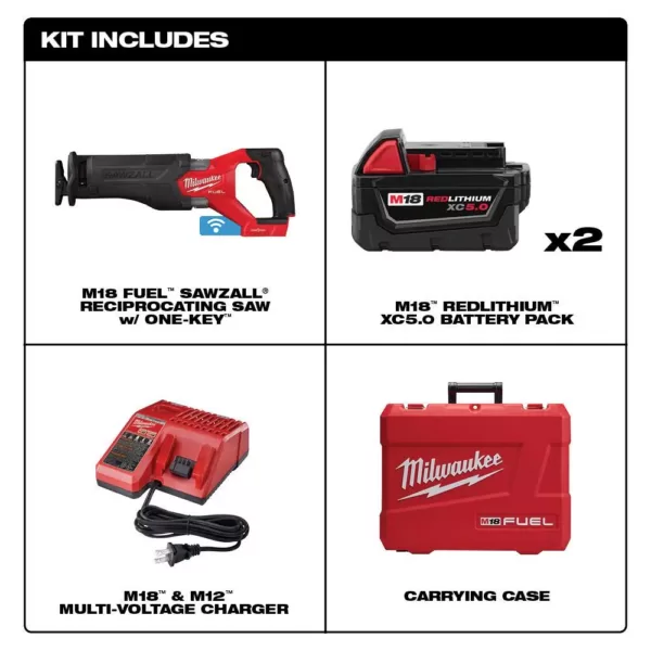 Milwaukee M18 FUEL ONE-KEY 18-Volt Lithium-Ion Brushless Cordless SAWZALL Reciprocating Saw Kit with Two 5.0 Ah Batteries, Case
