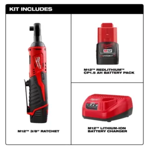 Milwaukee M12 12-Volt 3/8 in. Lithium-Ion Cordless Ratchet Kit with 1.5Ah Battery, Charger and Tool Bag