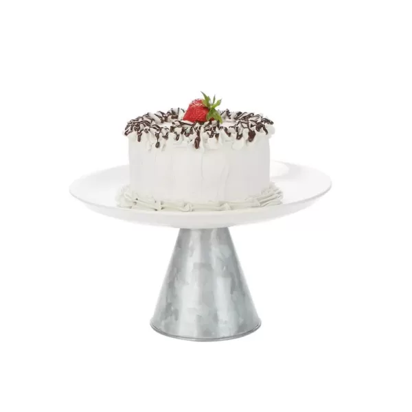 Mind Reader Silver Ceramic & Galvanized Cake Stand, Party Cake Display, Cupcake Stand Holder, Dessert Display Tray