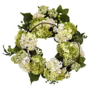 Nearly Natural 22.0 in. H Cream and Green Hydrangea Wreath