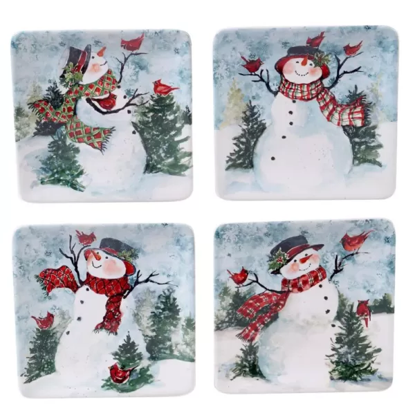 Certified International Watercolor Snowman 4-Piece Holiday Multicolored Earthenware 6 in. Canape Plate Set (Service for 4)