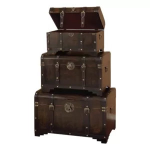 LITTON LANE Distressed Brown MDF Wood with Faux Leather Cover Trunk-Style Footed Decorative Boxes (Set of 3)
