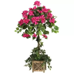 Nearly Natural 34 in. Bougainvillea Topiary Silk Plant with Wood Box