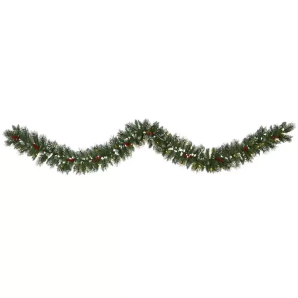 Nearly Natural 9 ft. Battery Operated Pre-lit Frosted Swiss Pine Artificial Garland with 50 Clear LED Lights and Berries