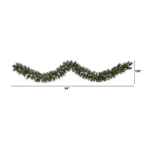 Nearly Natural 9 ft. Battery Operated Pre-lit Frosted Swiss Pine Artificial Garland with 50 Clear LED Lights and Berries