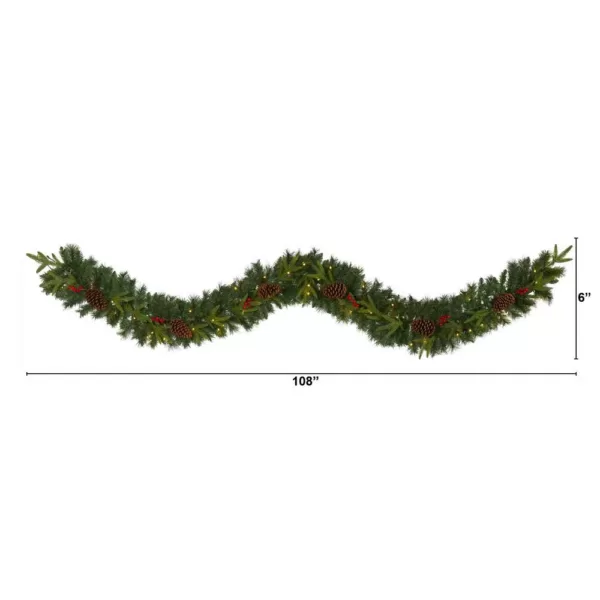 Nearly Natural 9 ft. Battery Operated Pre-lit Mixed Pine Artificial Christmas Garland with 50 Clear LED Lights, Berries and Pinecones