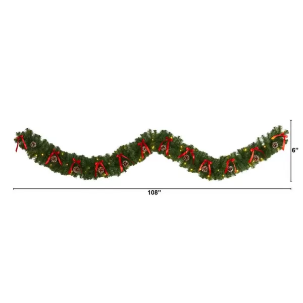 Nearly Natural 9 ft. Battery Operated Pre-lit Bow and Pinecone Artificial Christmas Garland with 35 Clear LED Lights
