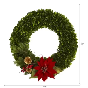 Nearly Natural 18 in. Tea Leaf Poinsettia and Pine Artificial Wreath