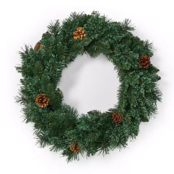 Noble House 24 in. Green Battery Operated Pre-Lit Warm White LED Mixed Pine Artificial Christmas Wreath with Pine Cones