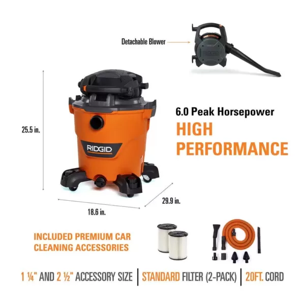RIDGID 12 Gal. 6.0-Peak HP NXT Wet/Dry Shop Vacuum with Detachable Blower, Two Additional Filters and Premium Car Cleaning Kit