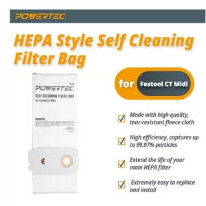POWERTEC Self Cleaning Replacement Filter Bags for Festool CT Midi Flexible Fleece Filter Bag for Festool 498411 (5-Pack)