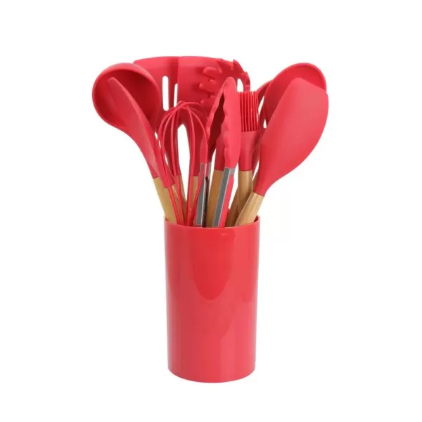 MegaChef Red Silicone and Wood Cooking Utensils (Set of 12)